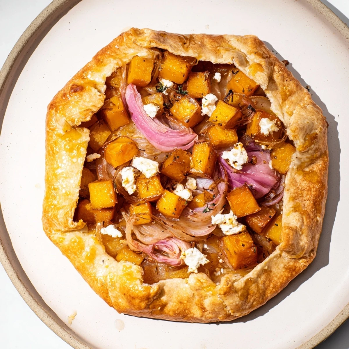 Golden-crusted Roasted Butternut Squash and Apple Galette, filled with caramelized vegetables and perfect for autumn.