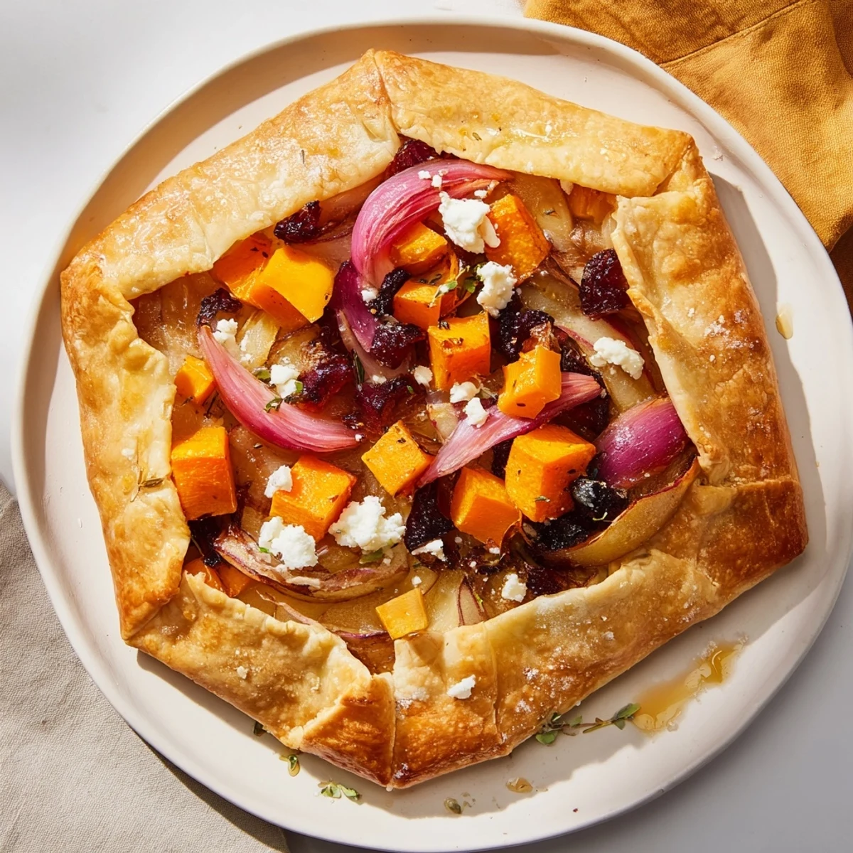 Sensuous close-up of a rustic, flaky Roasted Butternut Squash and Apple Galette, ready to be sliced and served.