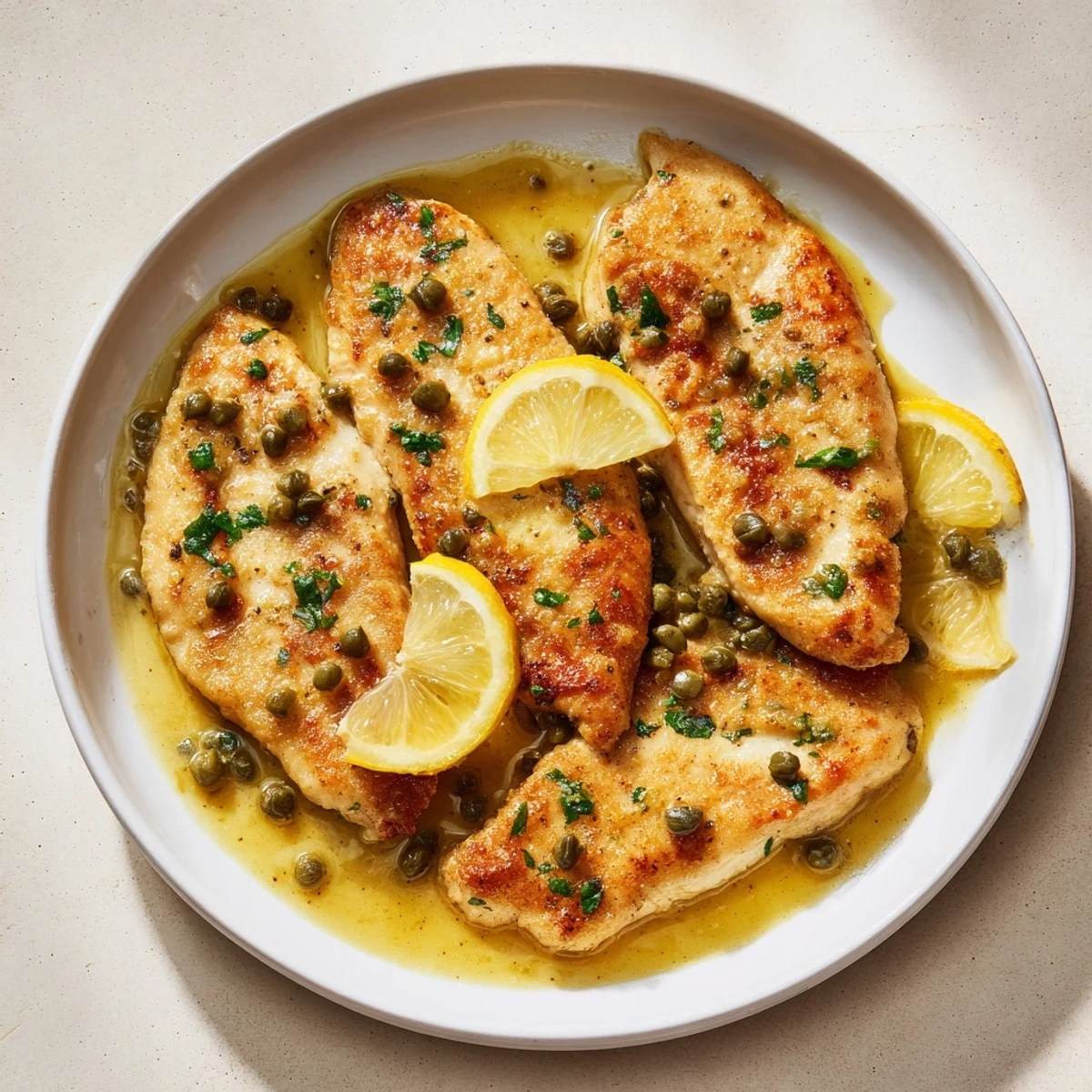 A close-up of tender Chicken Piccata, glistening from the lemon-caper sauce, ready to serve for dinner.