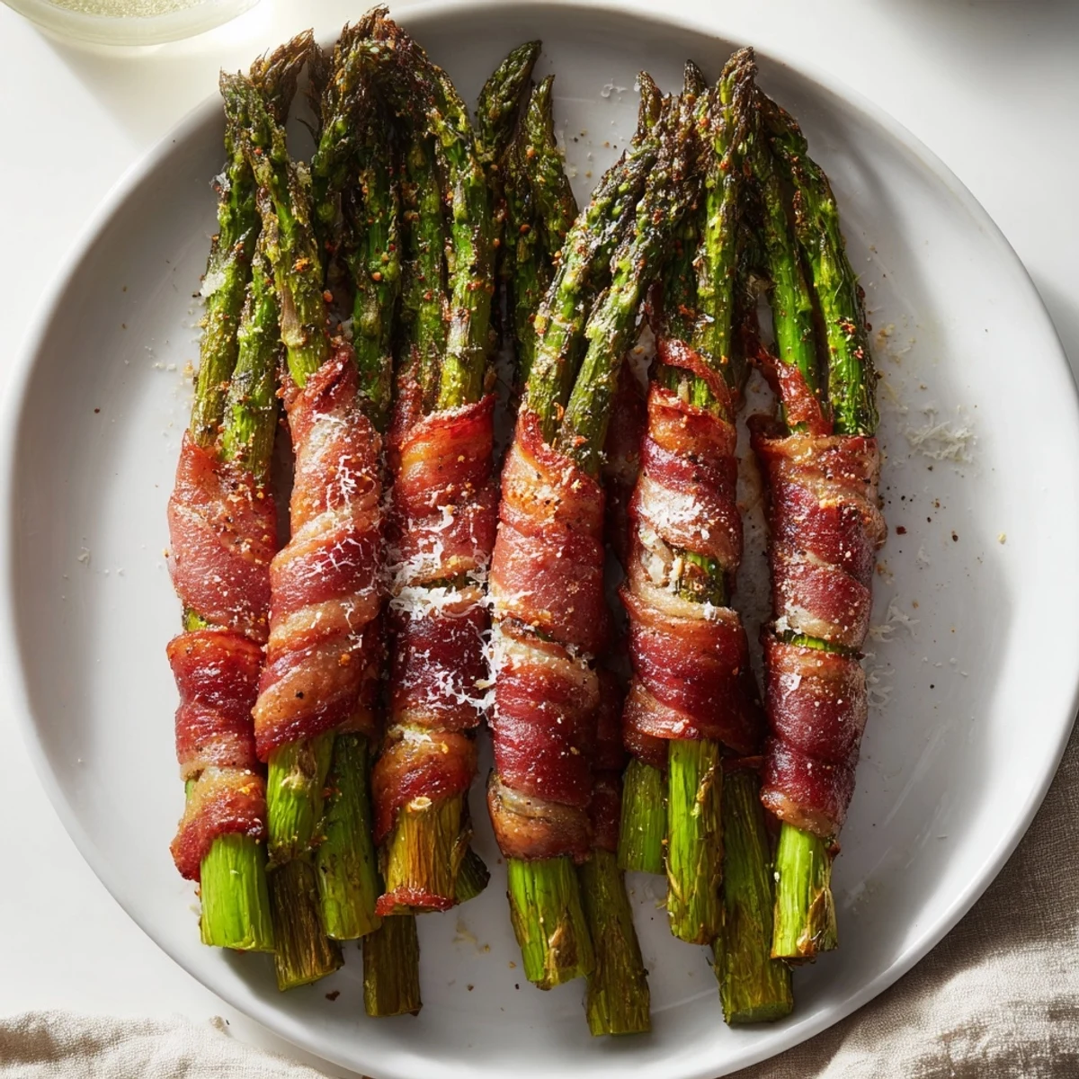 Crispy Beef Bacon Wrapped Asparagus with a golden, sizzling bacon exterior and tender green spears.