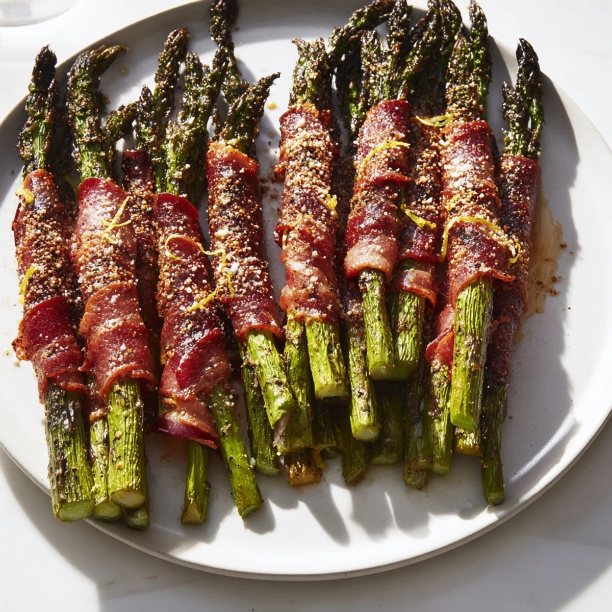 Oven-baked Crispy Beef Bacon Wrapped Asparagus, garnished with Parmesan for an elegant side.