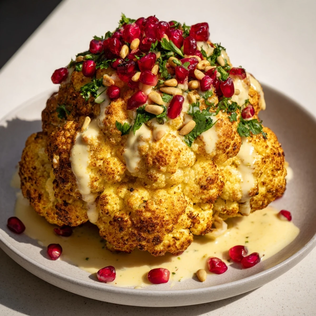 Golden, roasted Whole Roasted Cauliflower with a creamy tahini glaze, perfect for any vegan meal.