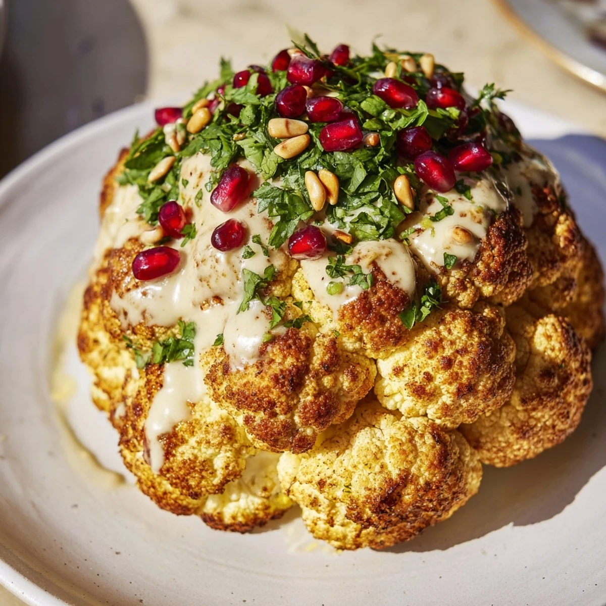 Steaming whole Whole Roasted Cauliflower, infused with cumin and paprika, topped with tahini and parsley.