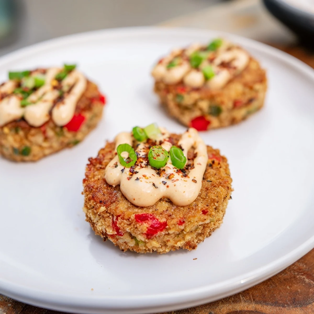 Savory Spicy Tuna Cakes, fried to perfection, piled high with fresh cilantro, served with smoky mayo.