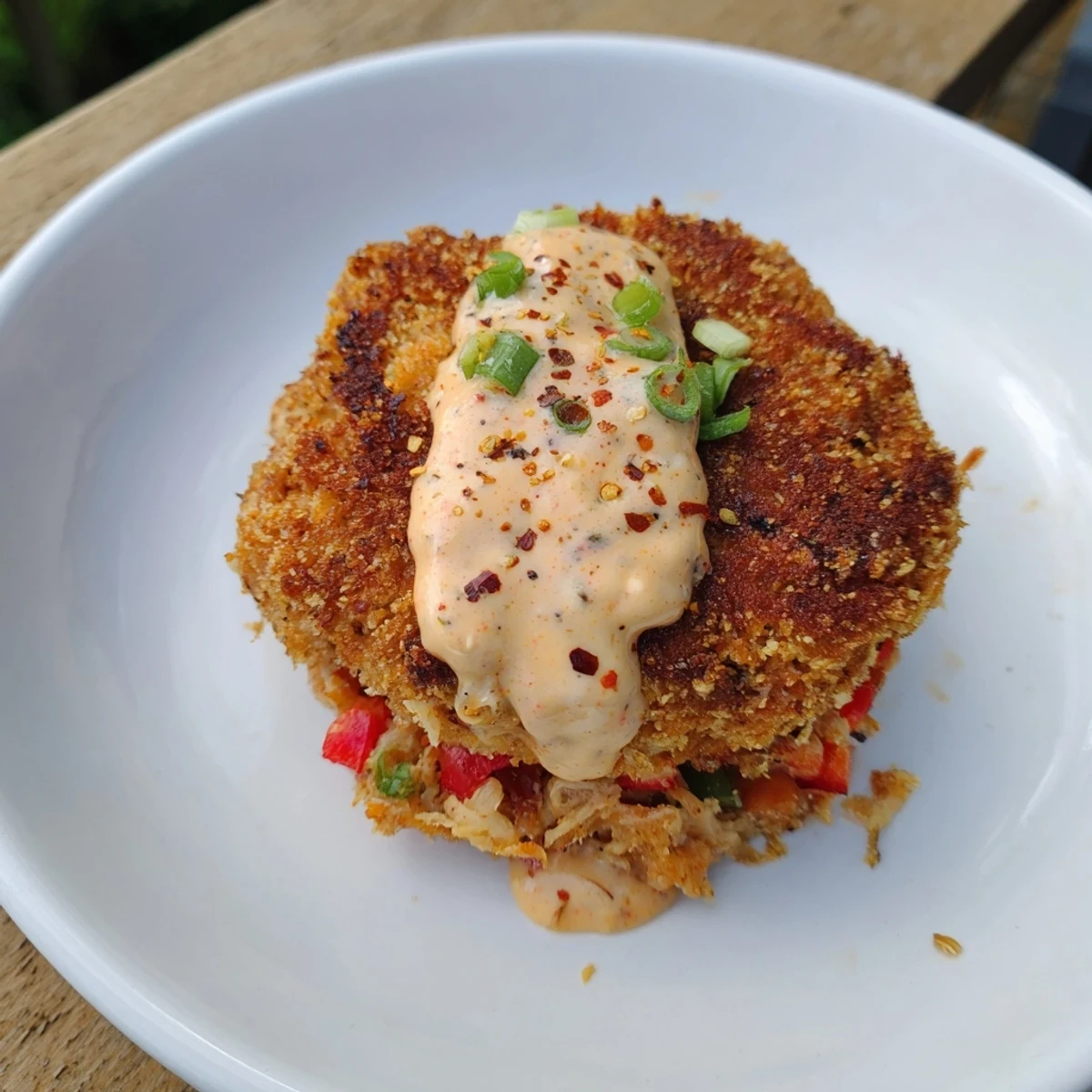 Close-up of delicious Spicy Tuna Cakes, with tender inside and crunchy outside, ready to be eaten.