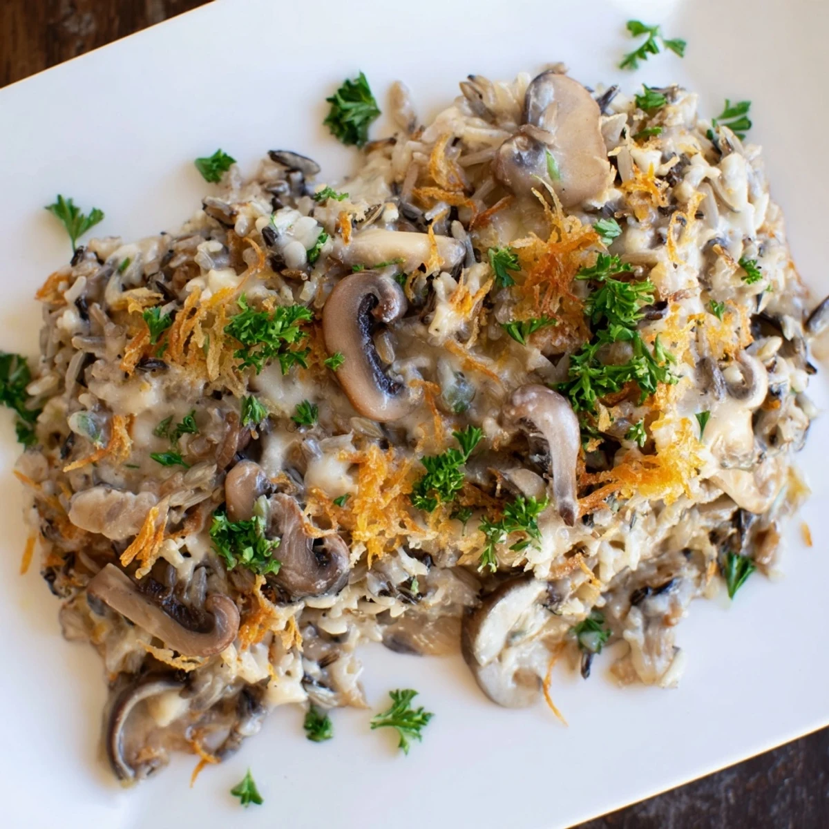 Creamy Mushroom and Wild Rice Casserole bubbling with golden crust, a comforting vegetarian main.