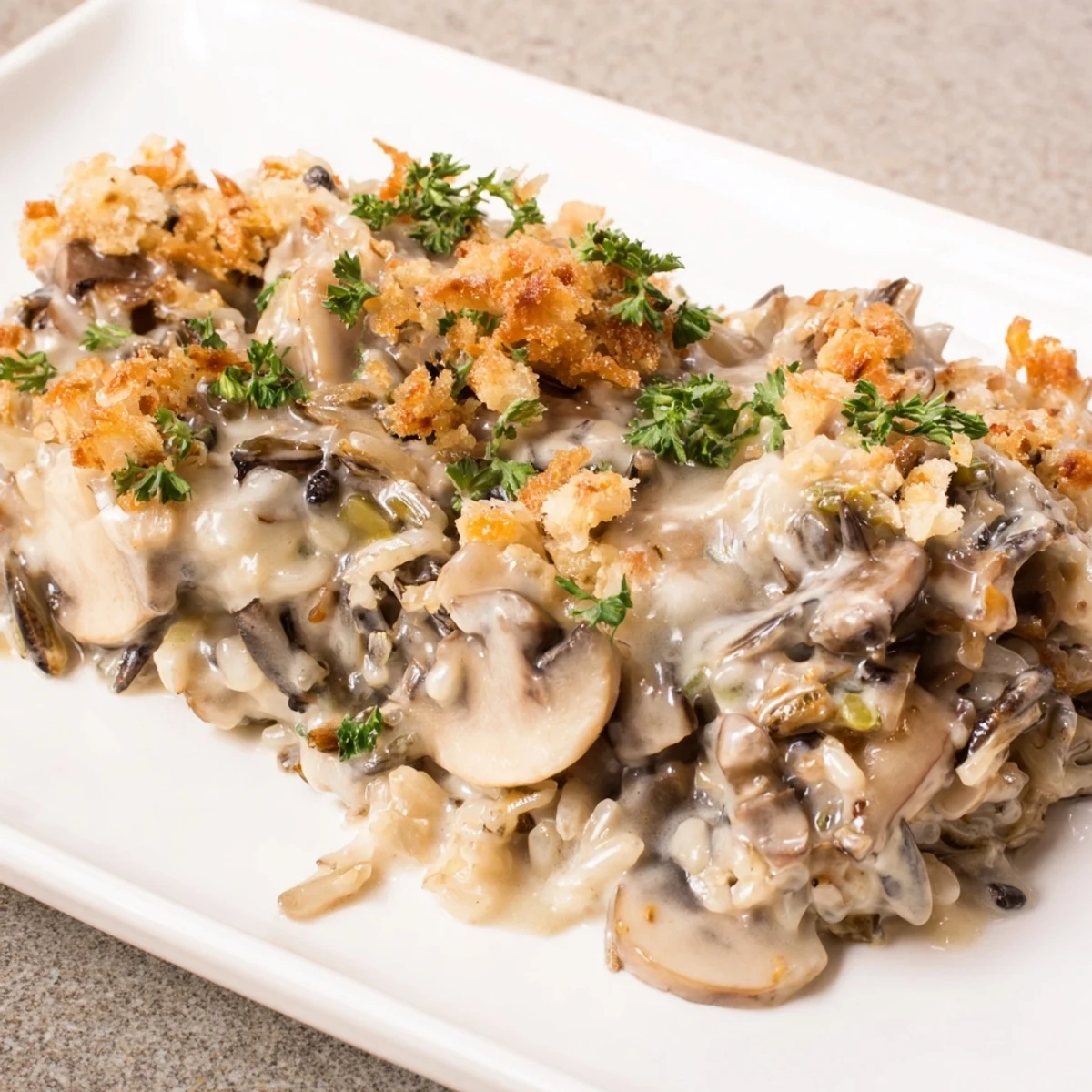 Imagine the aroma: a golden-brown Creamy Mushroom and Wild Rice Casserole, served with fresh parsley.