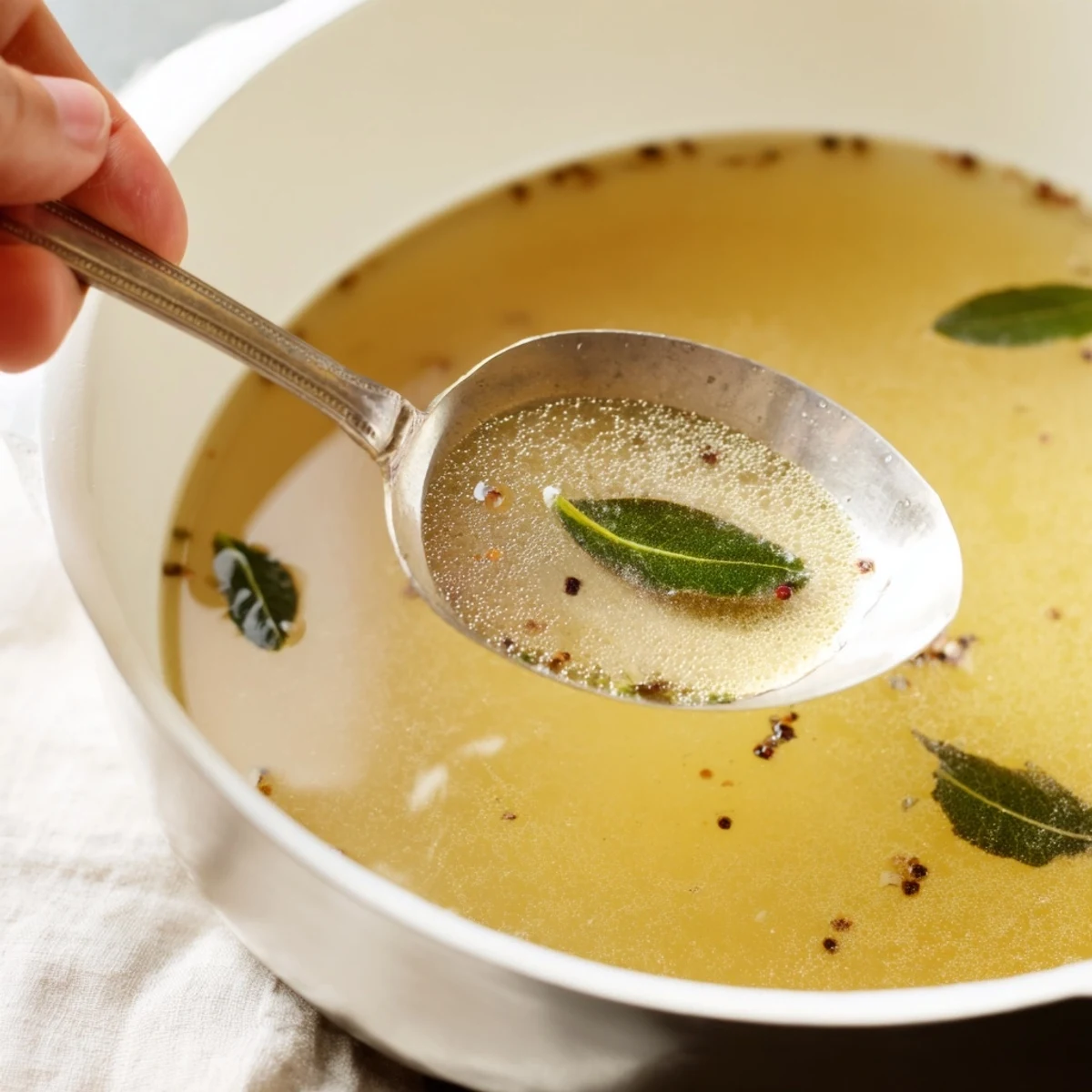 Steaming homemade vegetable broth with scraps, a vibrant golden color, ready for delicious soups.