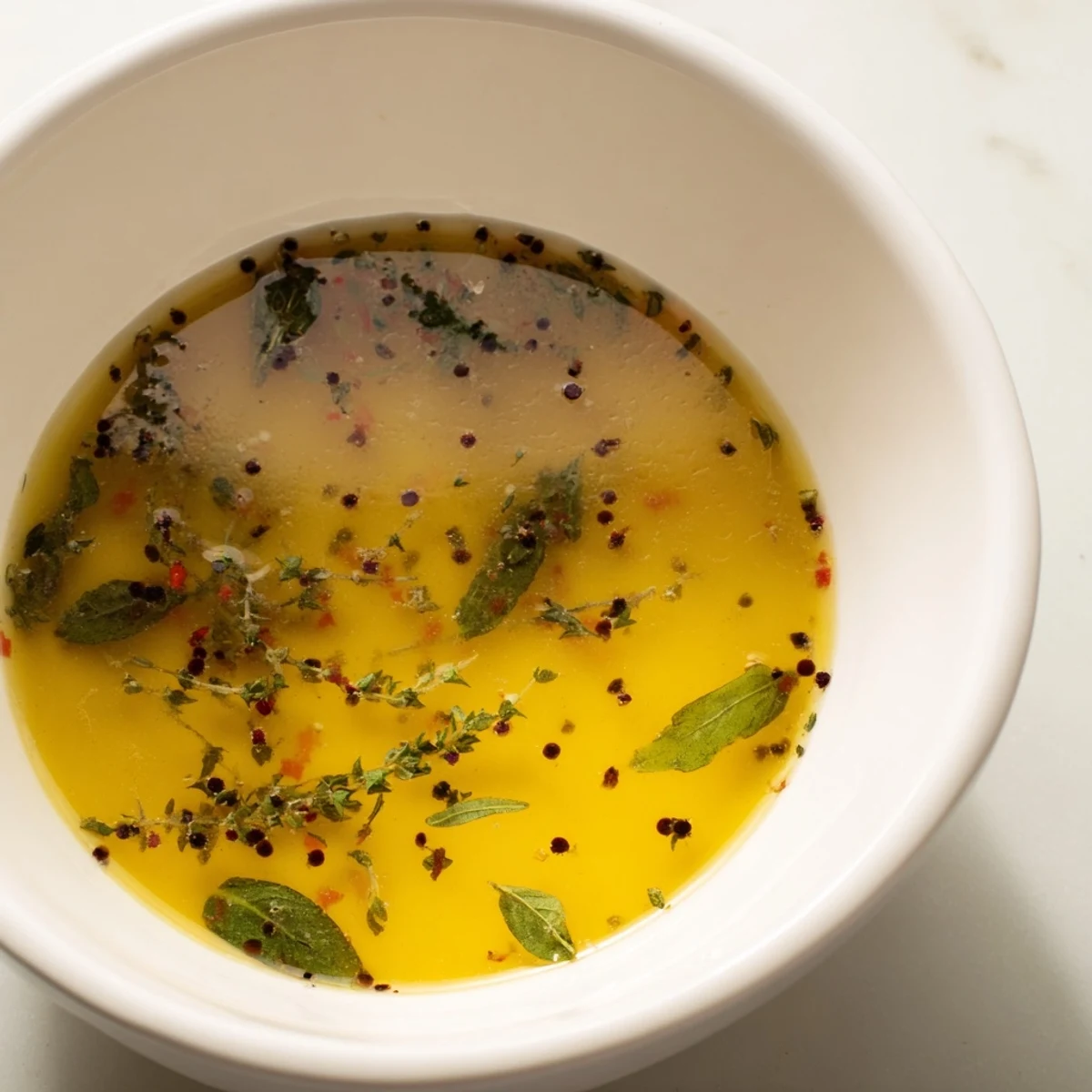 A close-up shot of the flavorful homemade vegetable broth with scraps, showing rich depth and texture.