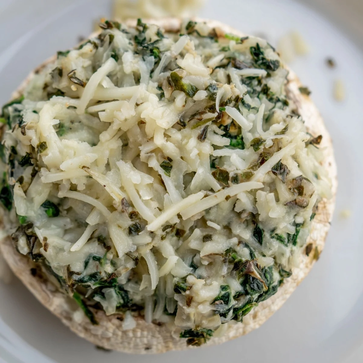 Close-up of Cheesy Spinach Artichoke Stuffed Mushrooms with bubbly, browned cheese, ready to be enjoyed.