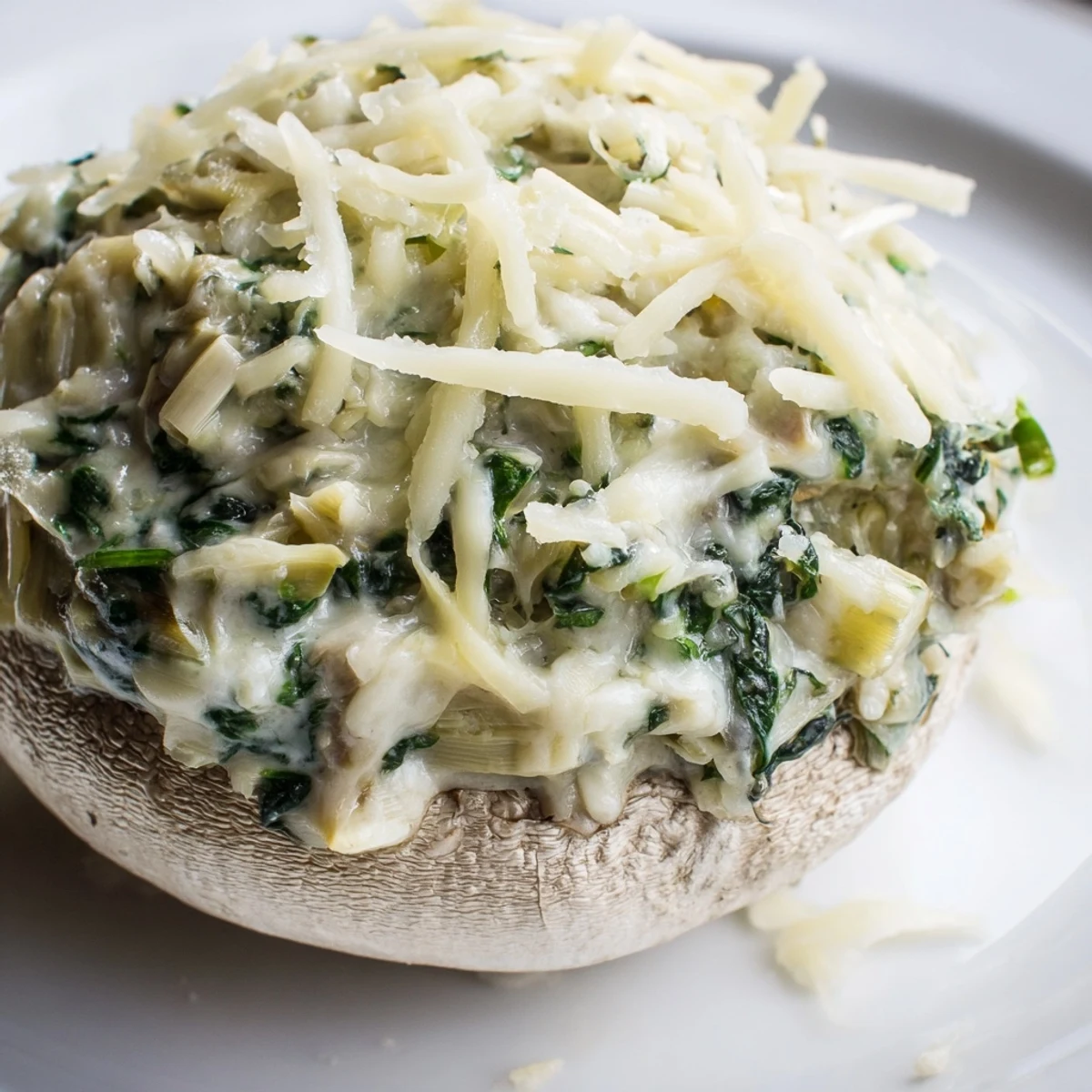 Savory Cheesy Spinach Artichoke Stuffed Mushrooms, a delicious vegetarian appetizer, ready for serving.