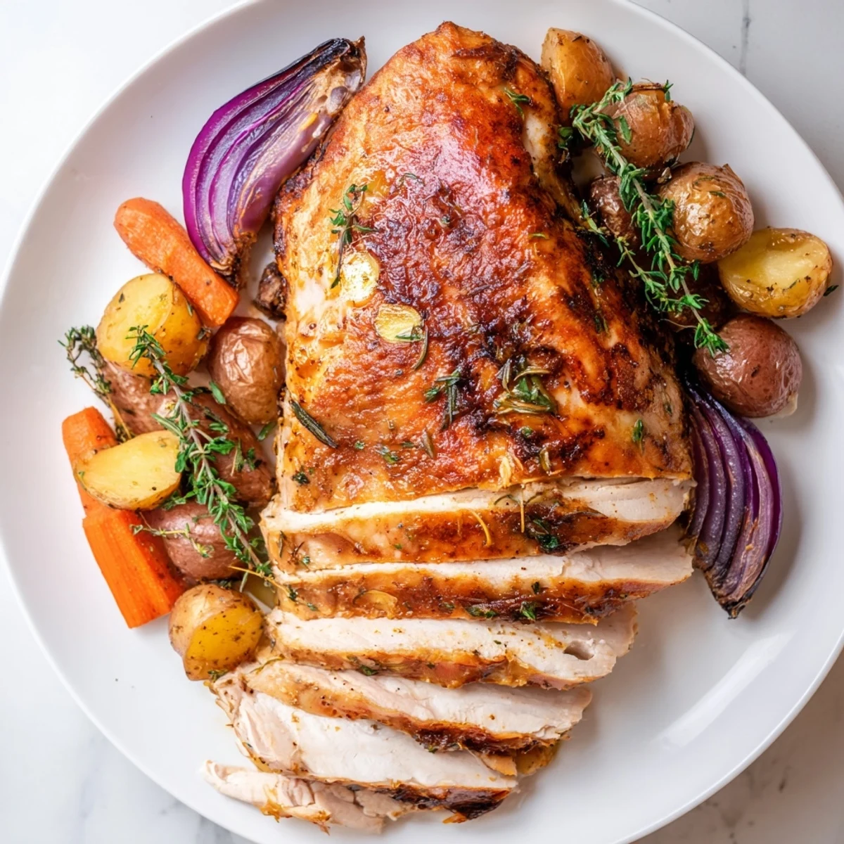 Sheet Pan Lemon Herb Roasted Turkey Breast with golden skin, served alongside colorful roasted vegetables.