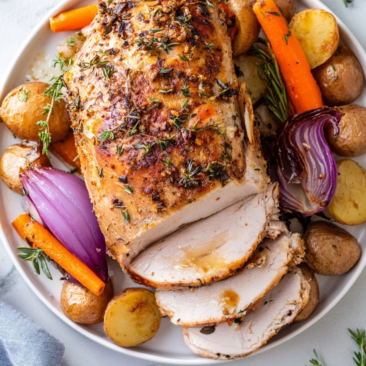 A close-up of delicious Sheet Pan Lemon Herb Roasted Turkey Breast, vegetables glistening from roasting.