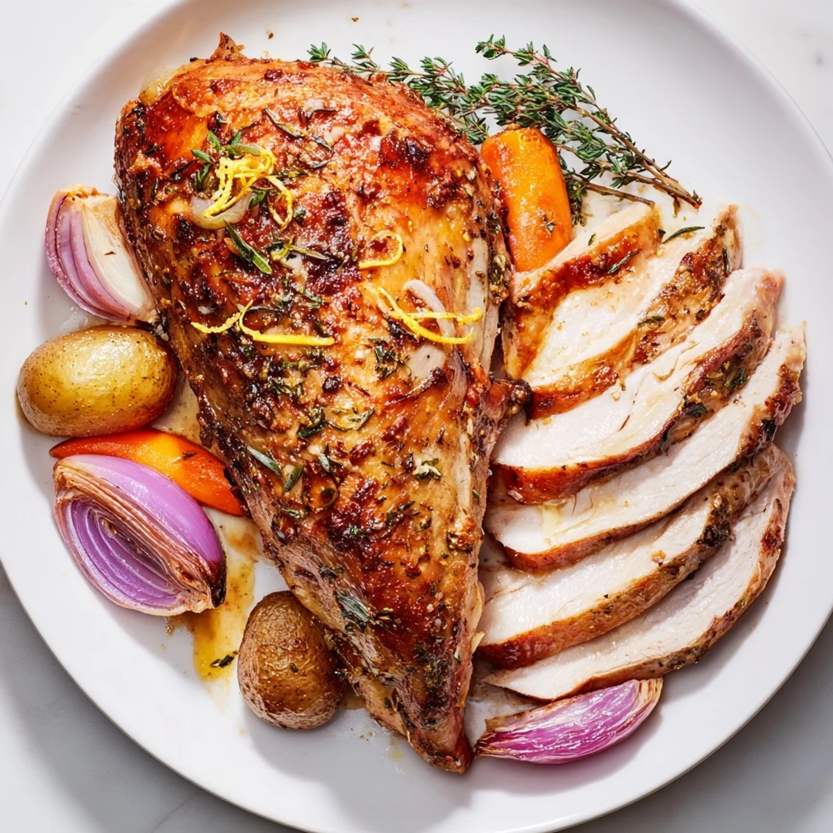 Juicy Sheet Pan Lemon Herb Roasted Turkey Breast, seasoned with fragrant herbs, ready to be sliced.