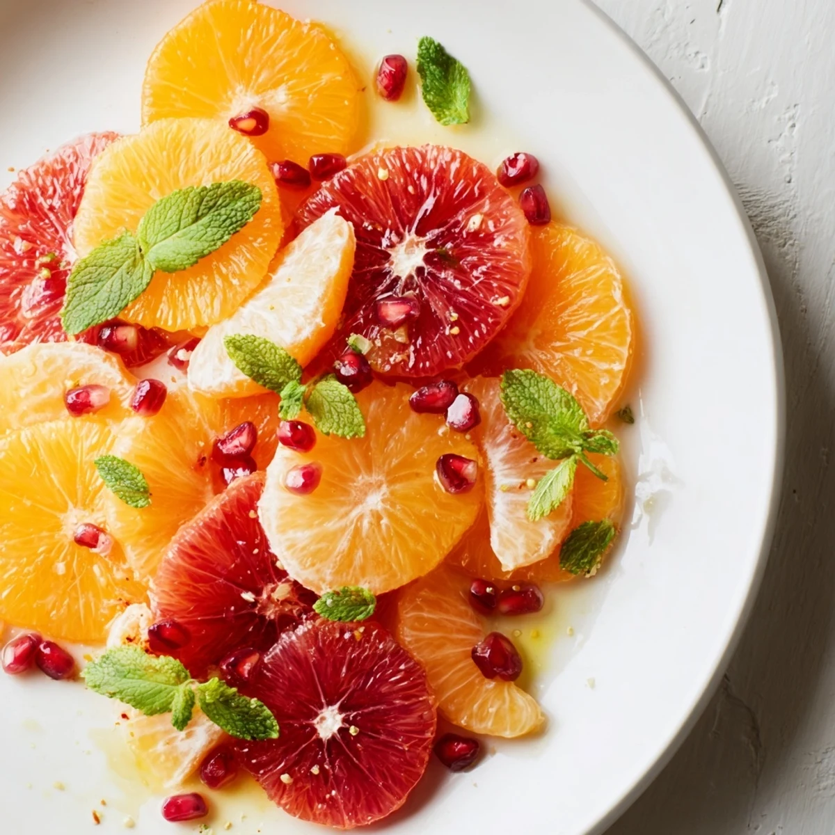 A close-up view of the vibrant Winter Citrus Fruit Salad, showing juicy citrus segments glistening with a sweet-tart honey lime dressing and fresh mint garnish.