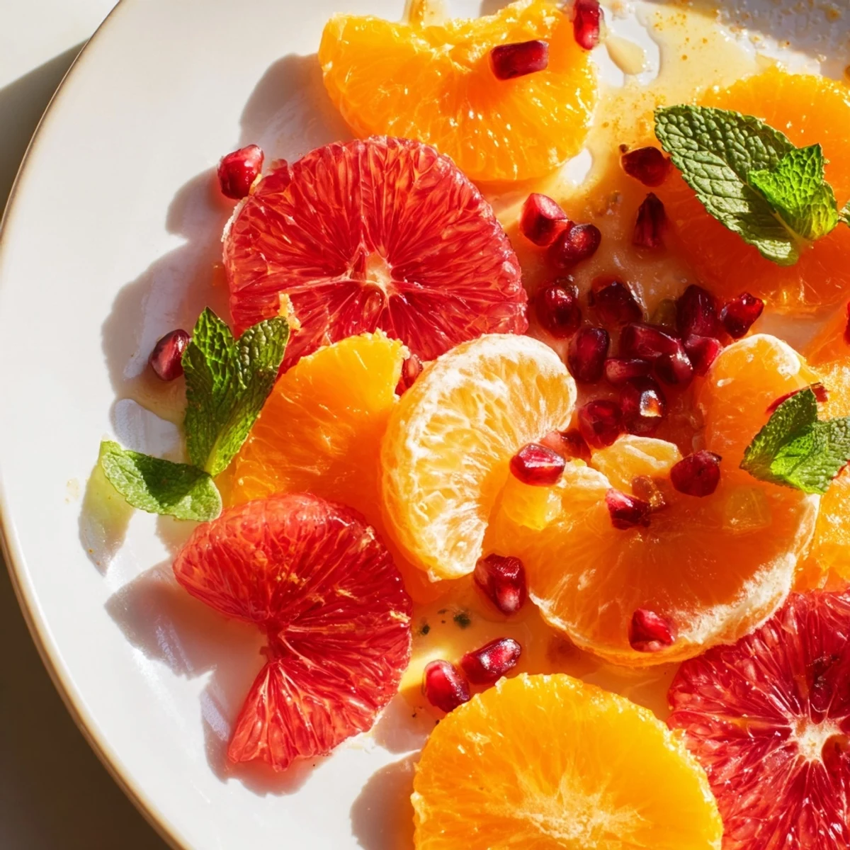 Freshly sliced oranges, blood oranges, and grapefruit are arranged on a platter, topped with pomegranate seeds and torn mint leaves for a bright Winter Citrus Fruit Salad with Honey Lime Dressing.