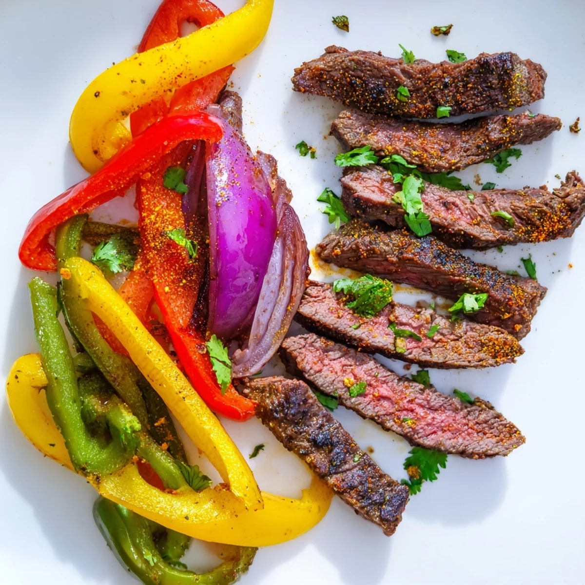 Golden-brown Sheet Pan Steak Fajitas with Bell Peppers roasted with onions on a rustic wooden board.