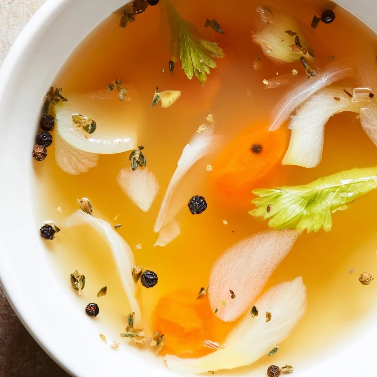 Homemade Vegetable Broth with Kitchen Scraps simmers in a large pot with aromatic vegetable scraps like onions and carrots.