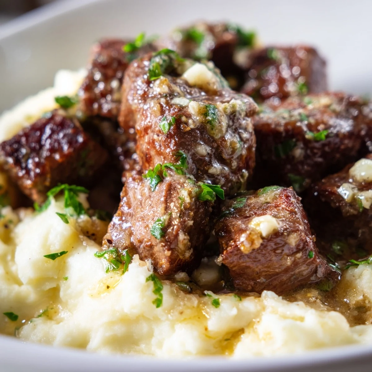A close-up of tender steak bites drizzled with garlic butter, paired with rich mashed potatoes for a family-style meal.