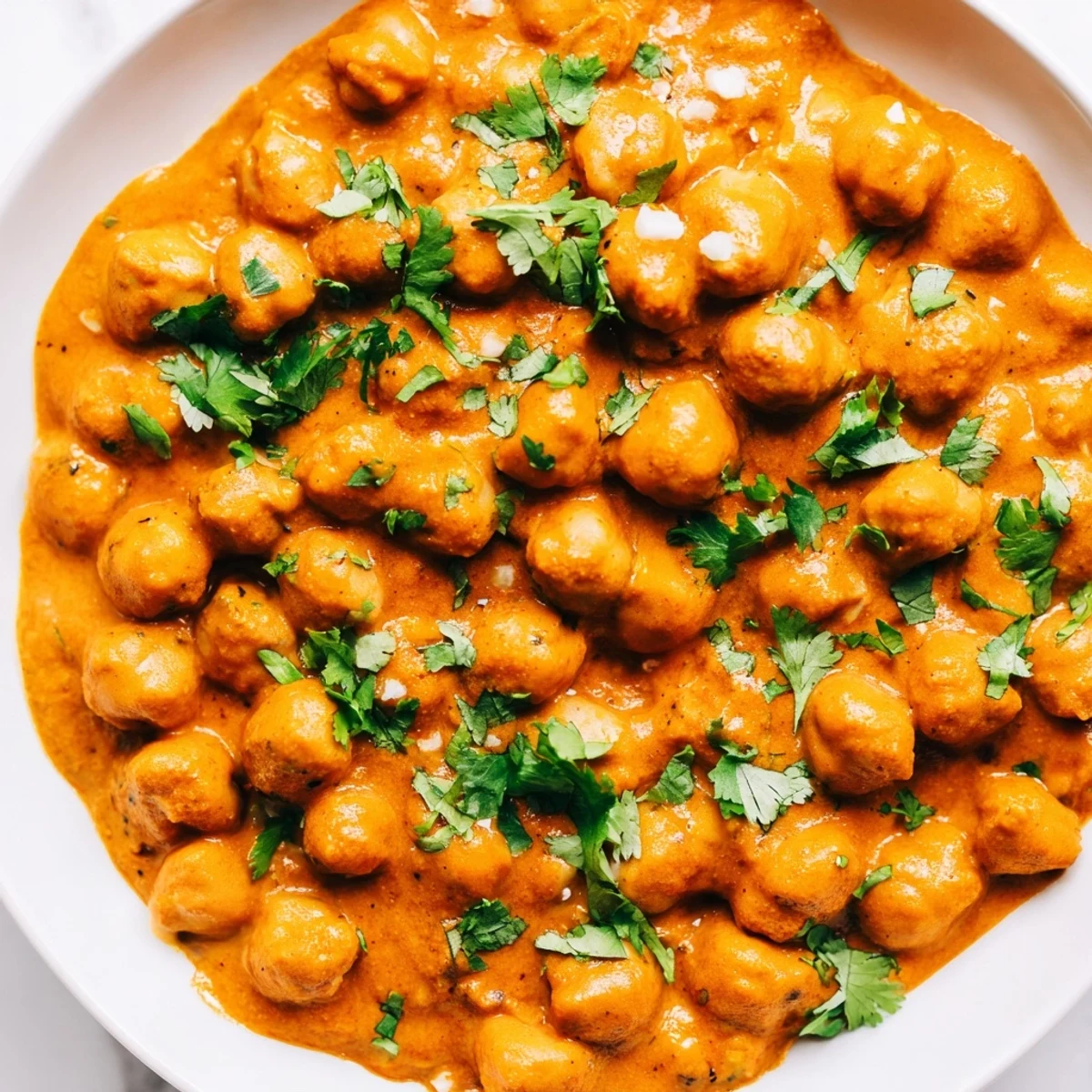 Vegan Chickpea Tikka Masala with Basmati Rice served steaming in a bowl, topped with fresh cilantro and a lemon wedge.