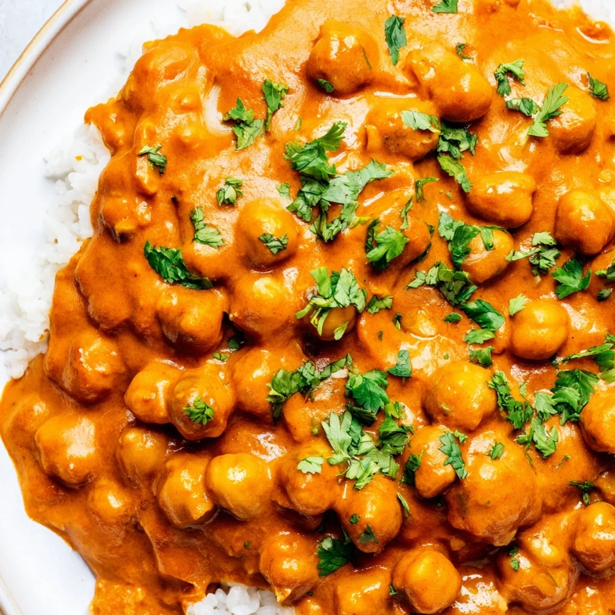 The creamy chickpea tikka masala in golden coconut sauce ladled over fluffy basmati rice, ready to eat.