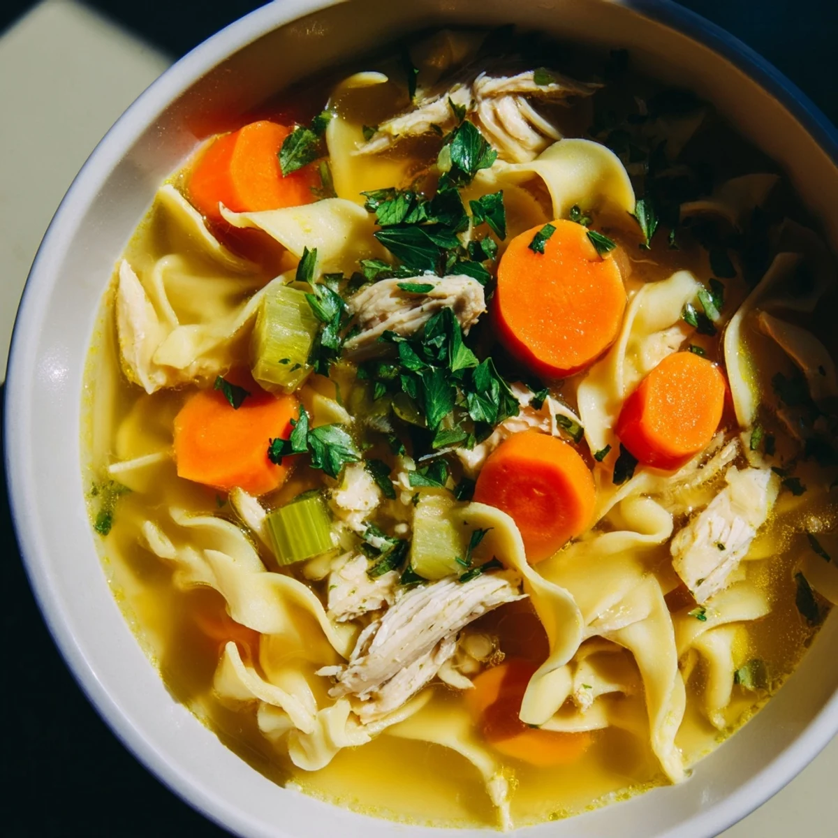 A steaming bowl of Instant Pot Chicken Noodle Soup with Herbs features tender shredded chicken, carrots, and wide egg noodles in a golden broth, garnished with fresh parsley and a lemon wedge.