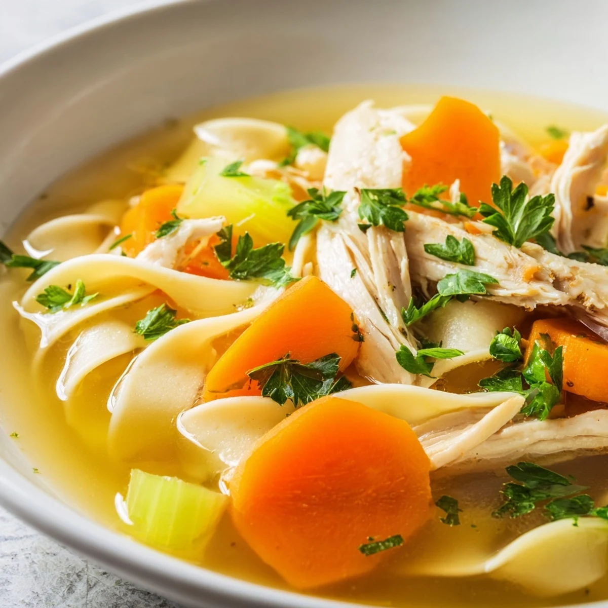 Overhead view of Instant Pot Chicken Noodle Soup with Herbs in a rustic bowl, showing colorful sliced carrots and celery, fresh herbs, and a spoon ready to serve.
