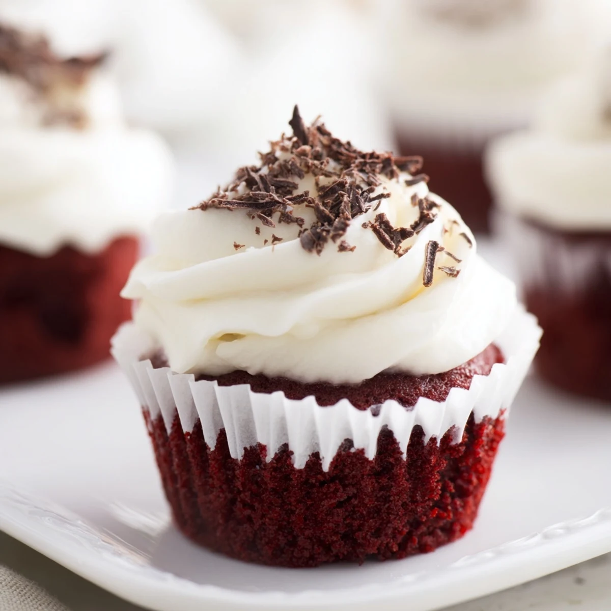 Moist Red Velvet Cupcakes with tangy cream cheese frosting, ready to serve on a dessert platter for a sweet celebration.