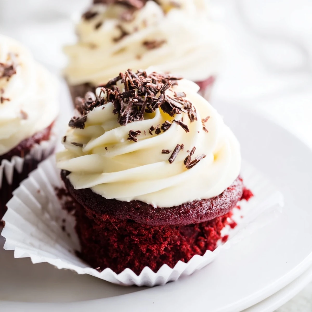 Close-up of Red Velvet Cupcakes with rich cream cheese frosting, garnished with a sprinkle of cocoa for a decadent finish.