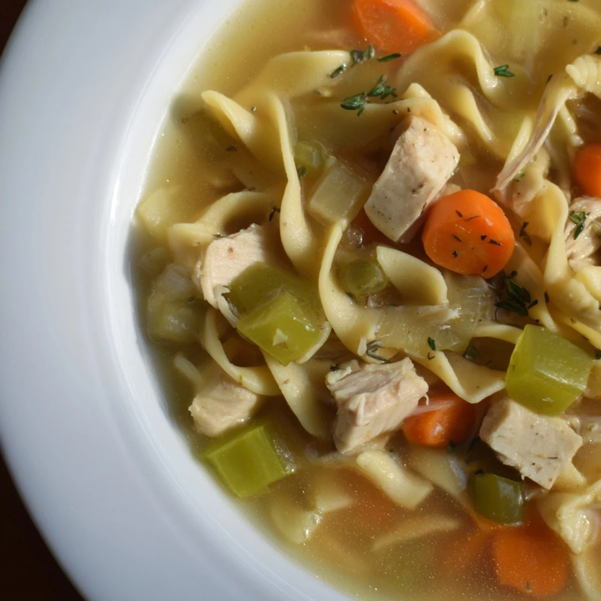 Hearty Chicken Noodle Soup with Mixed Vegetables steaming in a rustic bowl, ready to enjoy.