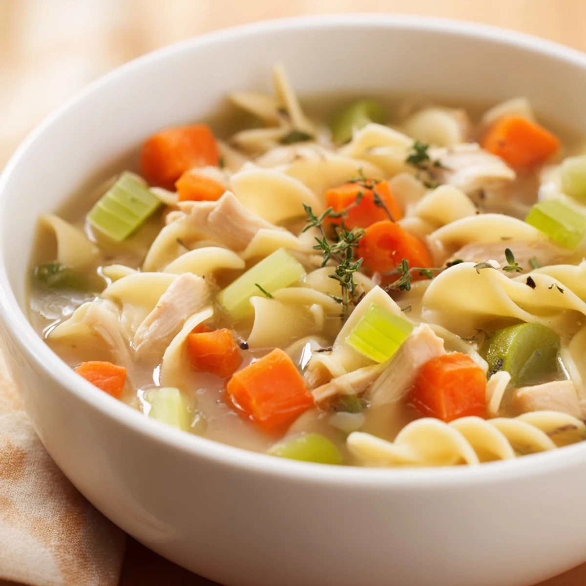 Chicken Noodle Soup with Mixed Vegetables ladled into a mug, perfect for a cozy dinner.