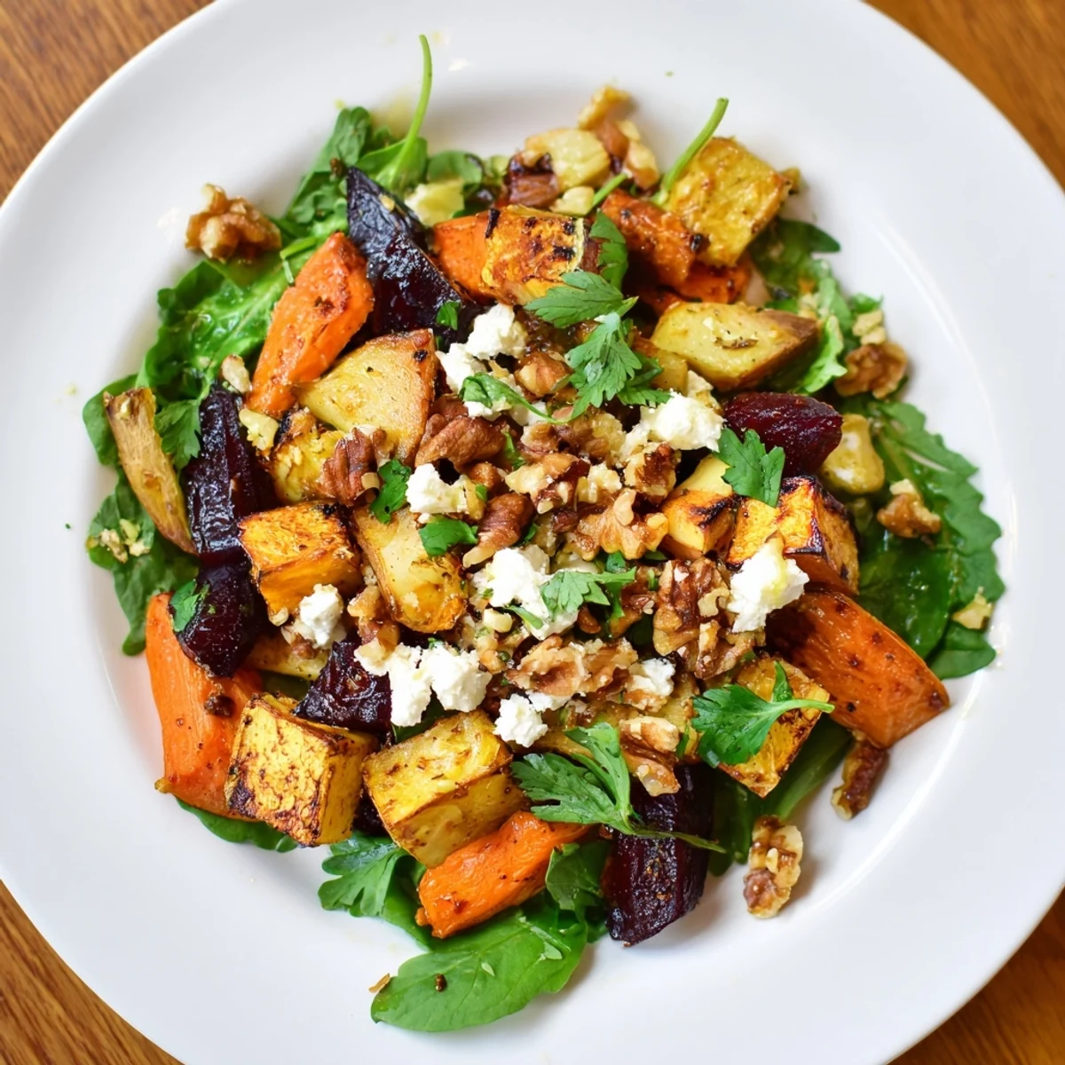 Roasted Root Vegetable Salad with Feta topped on mixed greens with toasted walnuts, ready to serve warm.