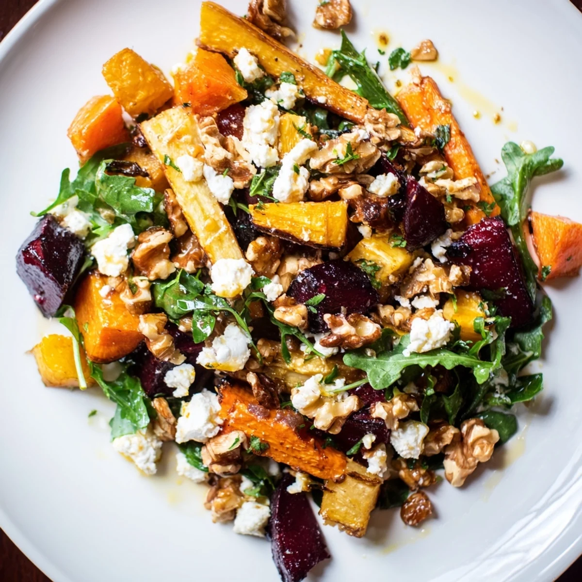 A fresh platter of Roasted Root Vegetable Salad with Feta and parsley, ideal for vegetarian gluten-free dinners.