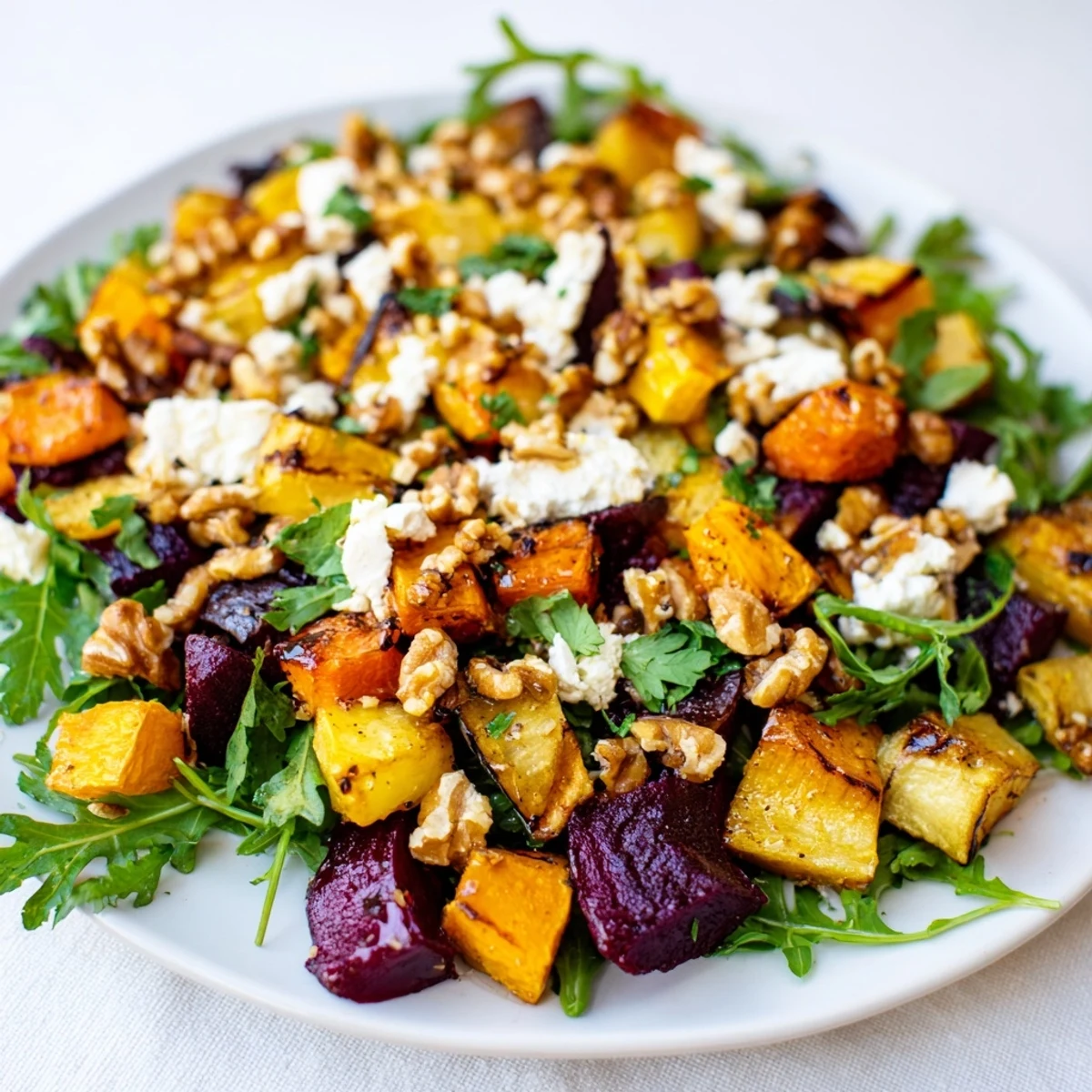 Close-up of Roasted Root Vegetable Salad with Feta, showing caramelized beets and carrots drizzled with vinaigrette.