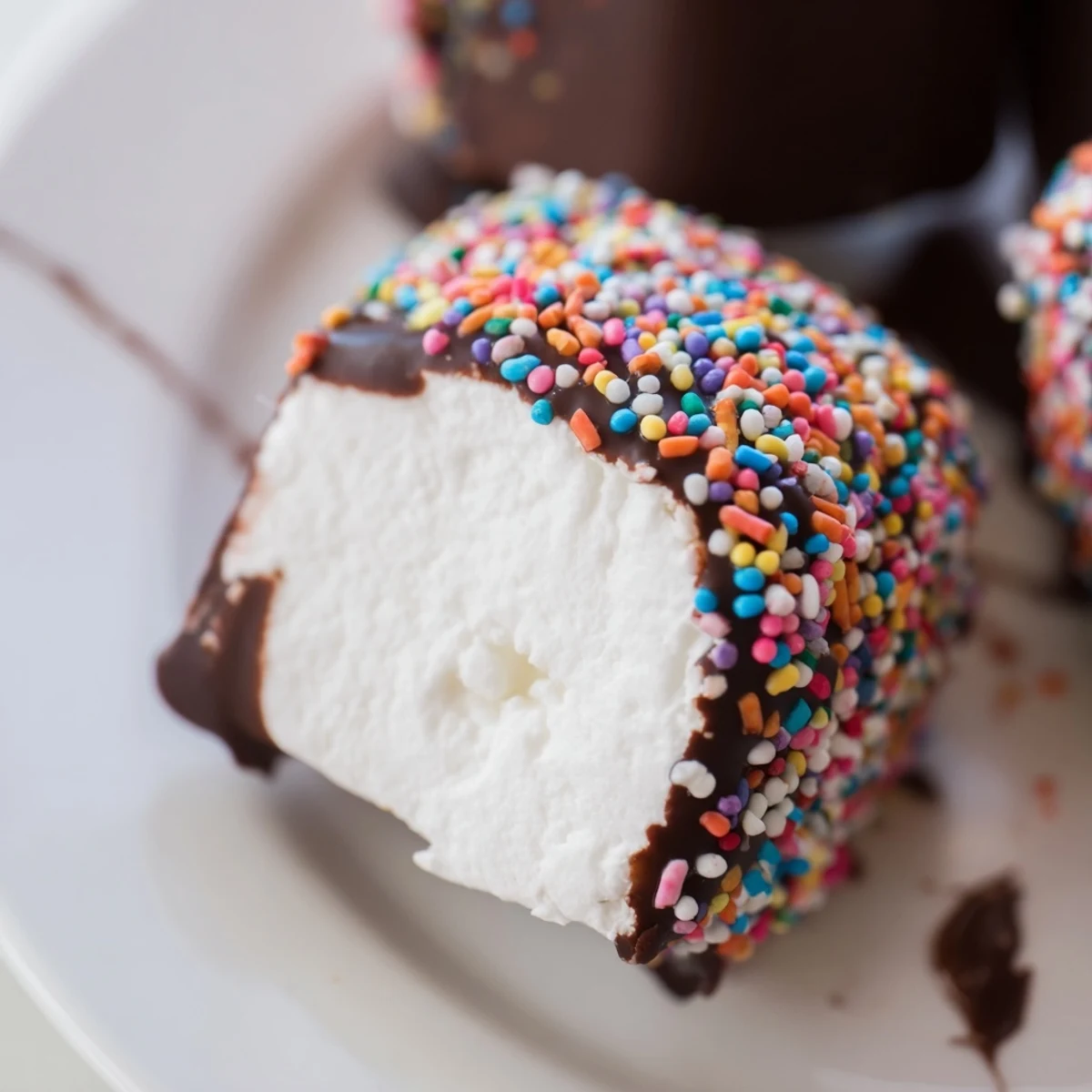 A close-up of Chocolate Dipped Marshmallows with Sprinkles showing silky chocolate coating and a sweet, chewy bite.