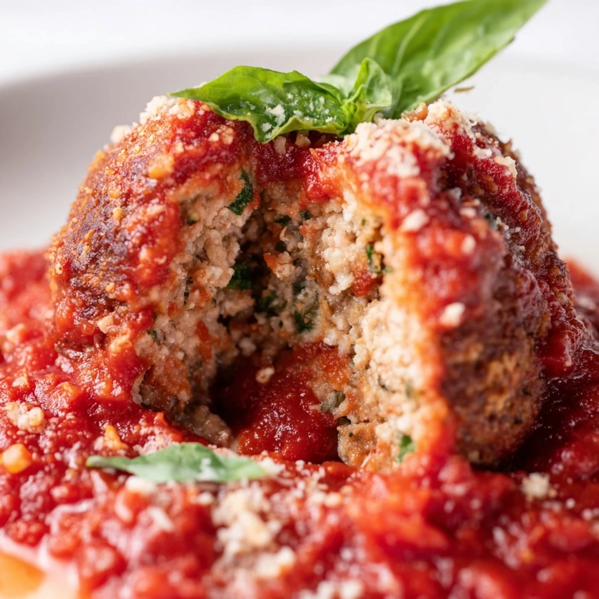 Freshly baked Turkey Meatballs with Marinara Sauce resting on a plate with crusty bread, perfect for dipping into the savory red sauce.