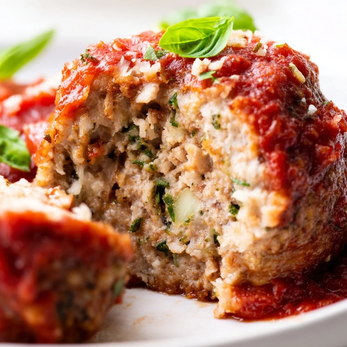 Golden-brown turkey meatballs simmering in a rich, chunky marinara sauce in a cast-iron skillet, served over pasta for a classic Italian-American meal.