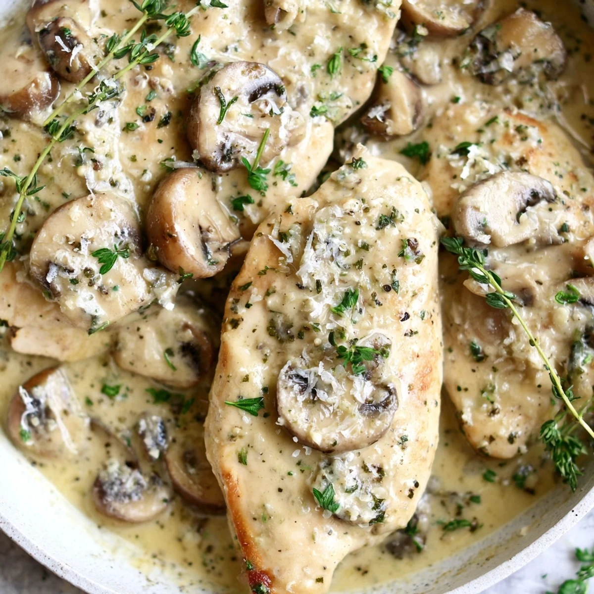 Tender chicken and sautéed cremini mushrooms coated in a rich garlic Parmesan sauce.