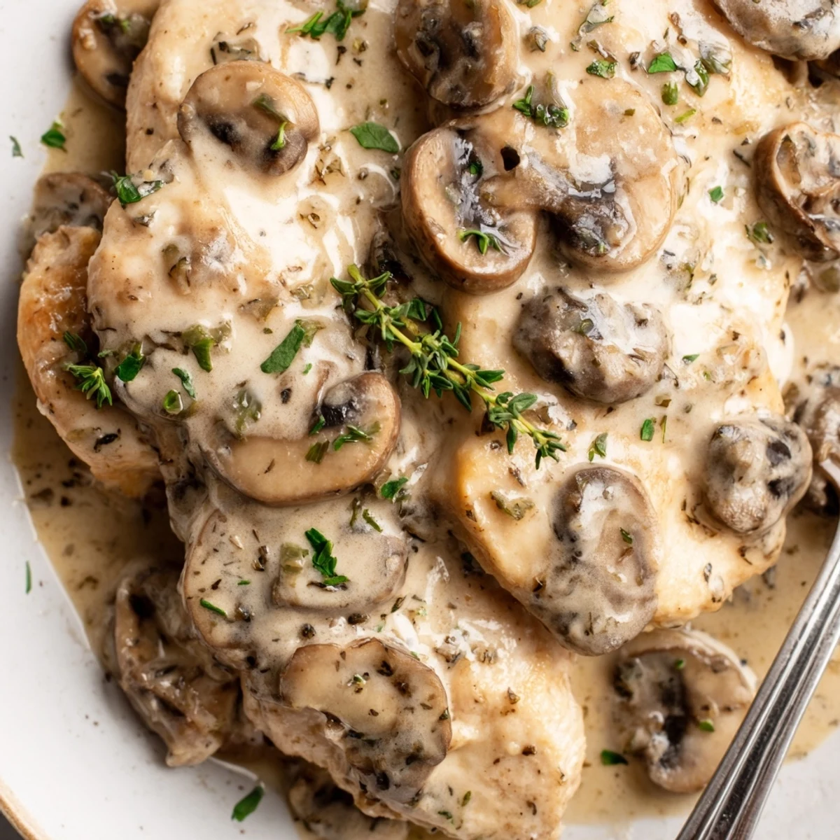 Cozy Creamy Mushroom Chicken Skillet served hot, garnished with fresh parsley for dinner.