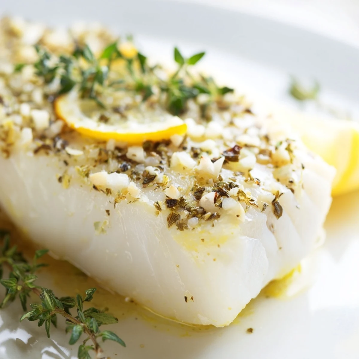 Golden Baked Halibut with Garlic and Lemon sizzling in a baking dish, topped with fresh lemon slices and parsley, ready to serve.