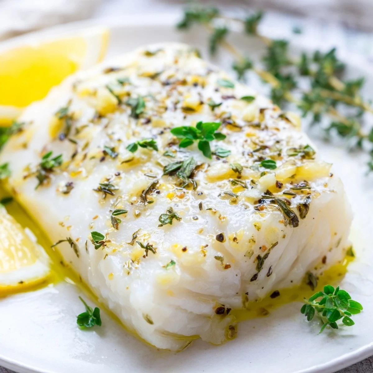 Tender Baked Halibut with Garlic and Lemon flaked with a fork, paired with roasted vegetables on a rustic wooden table.