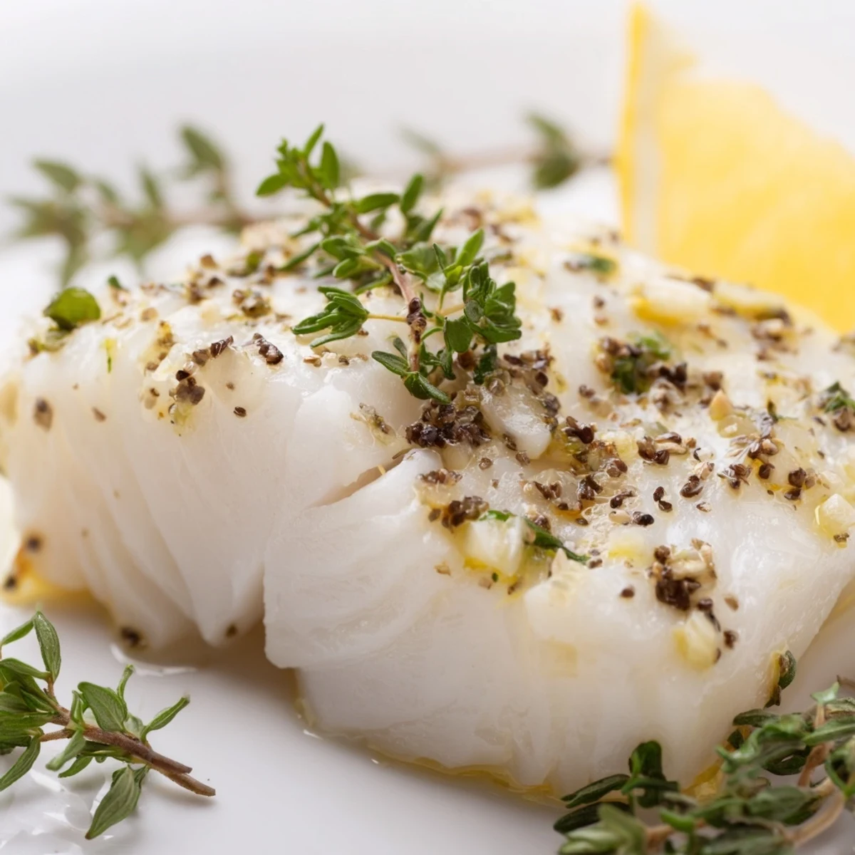 Close-up of Baked Halibut with Garlic and Lemon garnished with fresh herbs, highlighting the juicy citrus and aromatic garlic glaze.