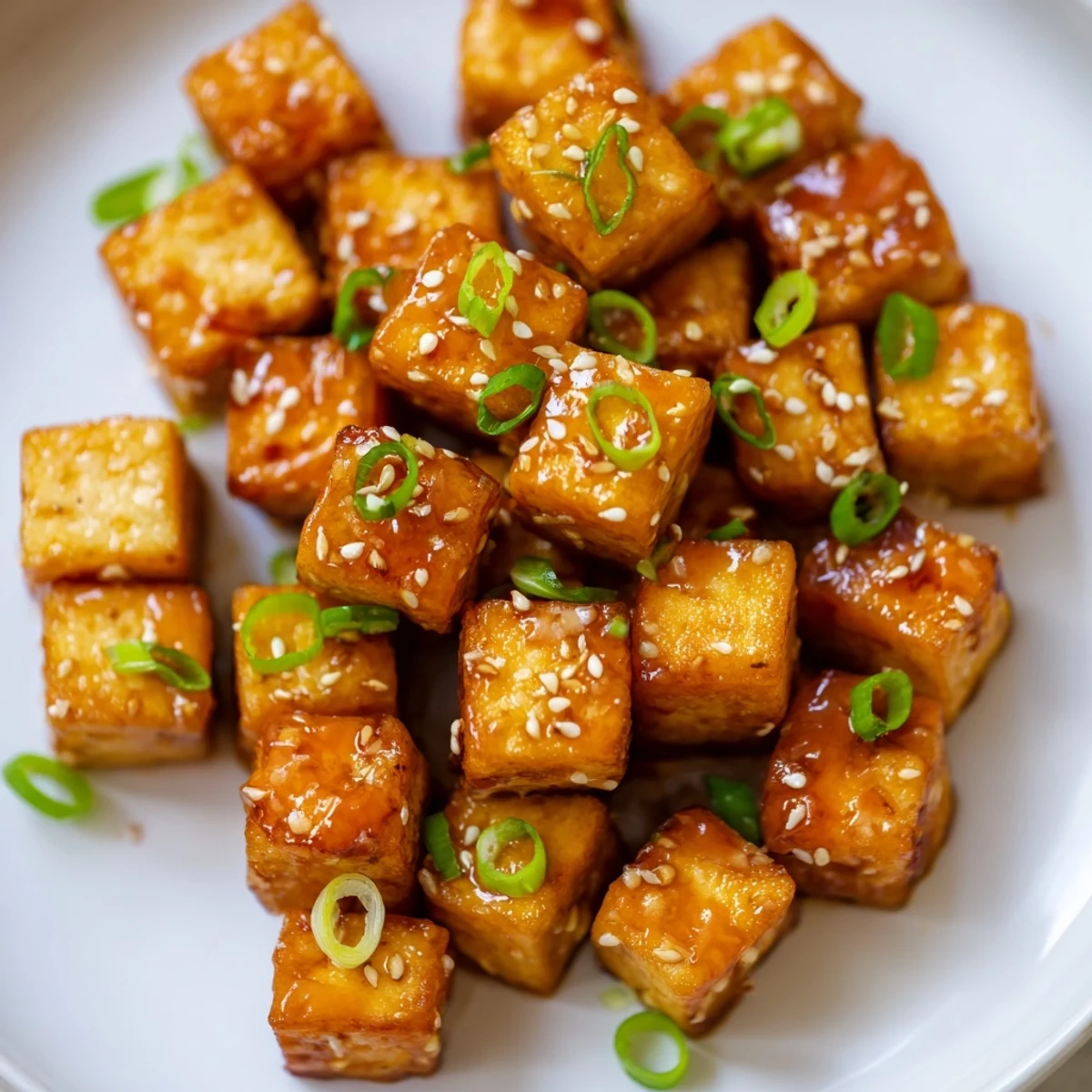 Crispy Air Fryer Tofu with Soy Glaze glistens with sticky sauce, served over steamed rice with green onions and sesame seeds.