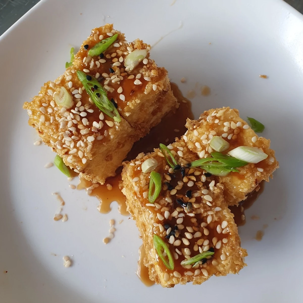 Golden-brown cubes of Crispy Air Fryer Tofu with Soy Glaze tossed in a savory-sweet glaze, ready to eat right from the mixing bowl.