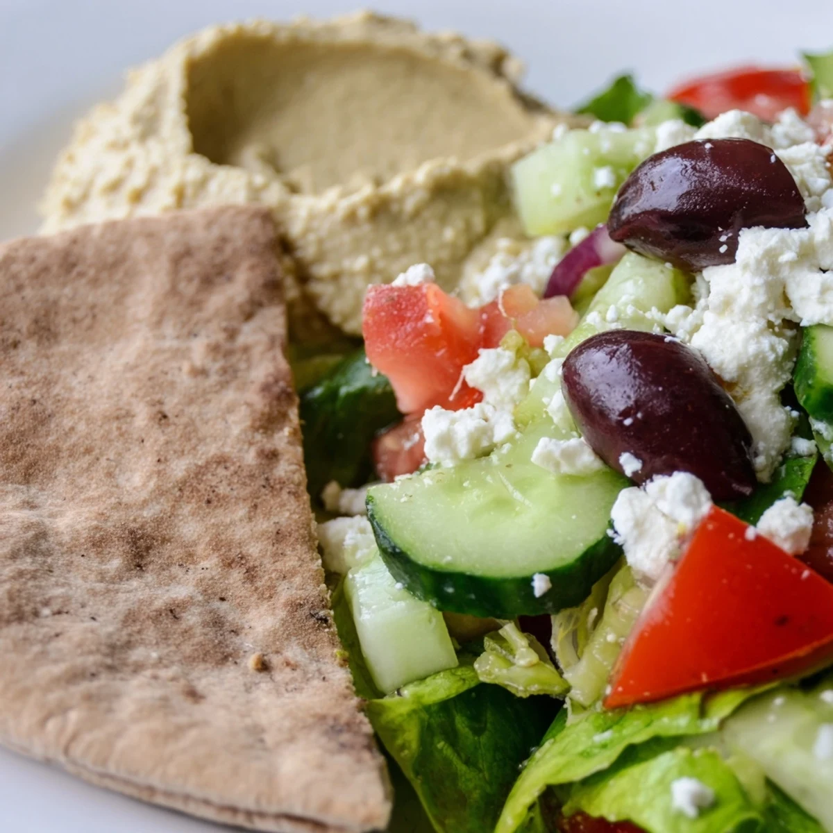 Homemade Mediterranean Salad with Hummus and Pita, a vegetarian appetizer with chopped romaine and veggies, served with warm pita wedges for dipping.