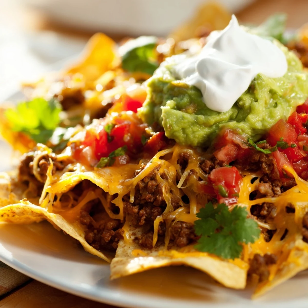 Golden-baked Beef Nachos with Guacamole and Salsa, piled high with melted cheddar and Monterey Jack.