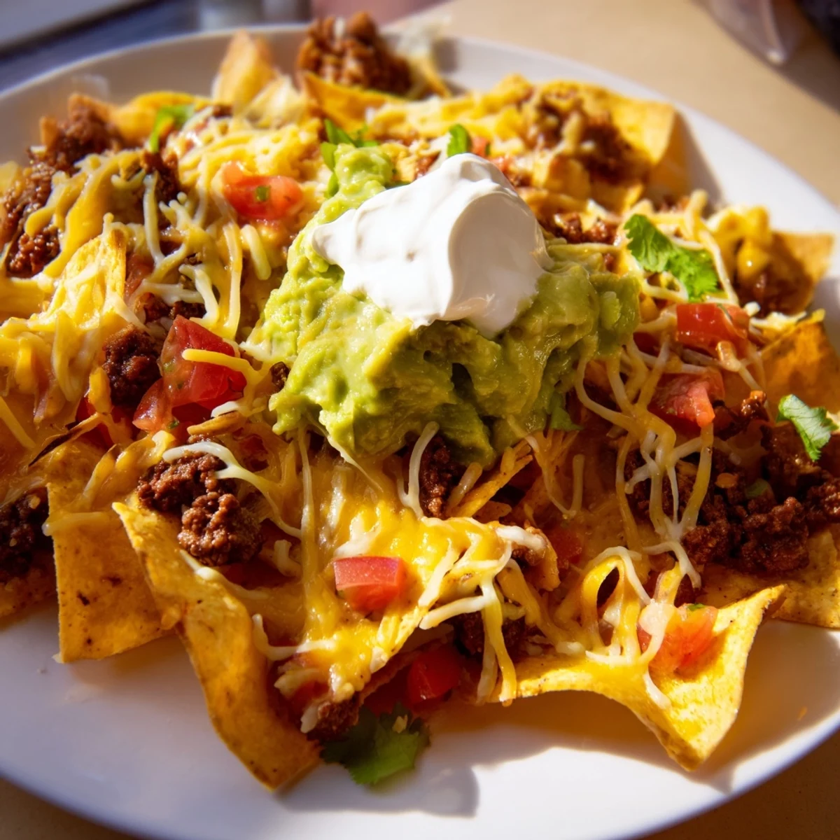Loaded Beef Nachos with Guacamole and Salsa, topped with creamy avocado and fresh pico de gallo.