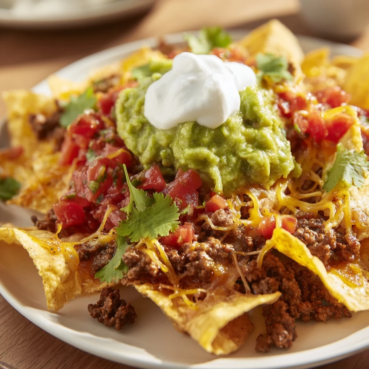 Family-style tray of Beef Nachos with Guacamole and Salsa served with lime wedges for squeezing.