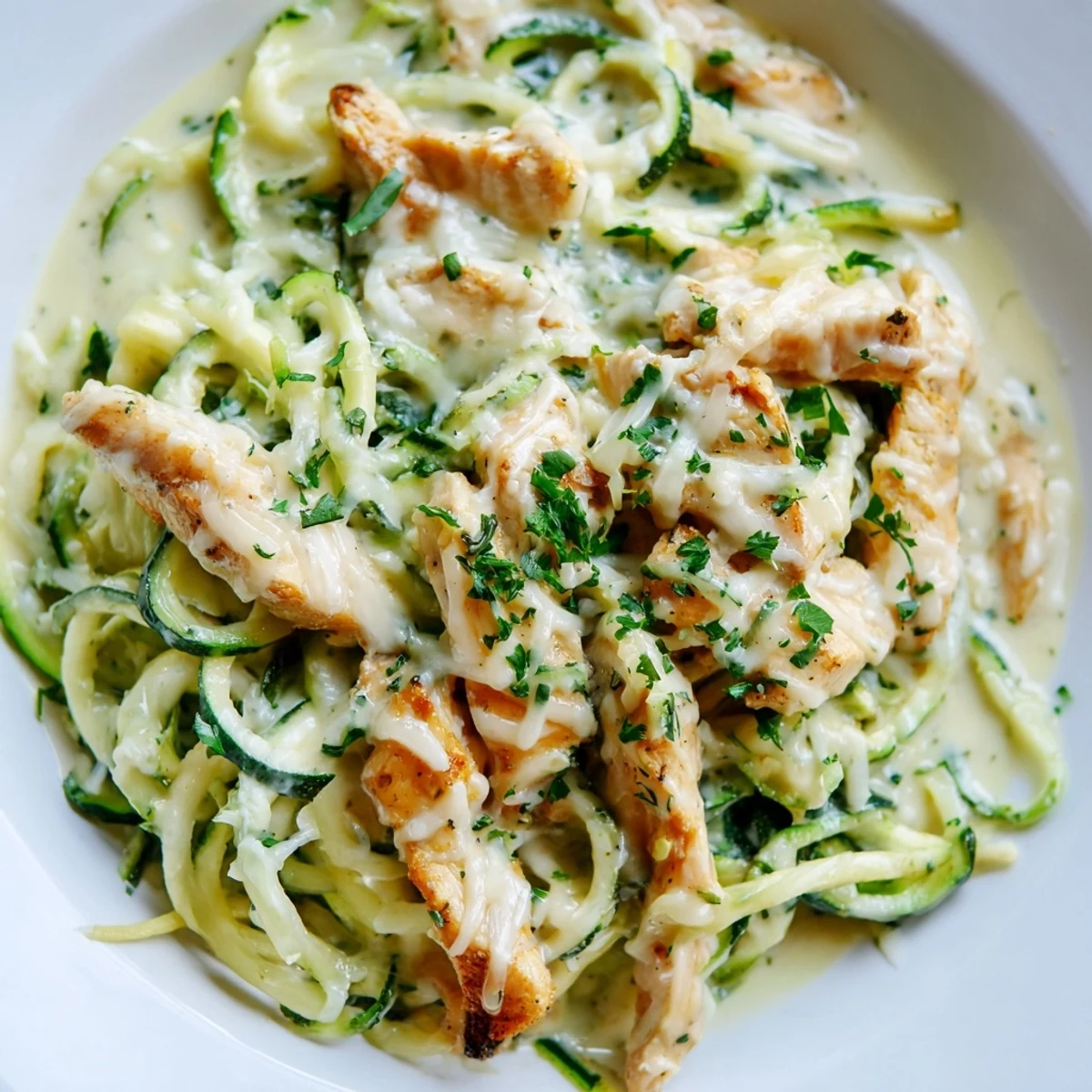 Golden brown chicken and creamy Parmesan Alfredo sauce tossed with fresh spiralized zucchini noodles.
