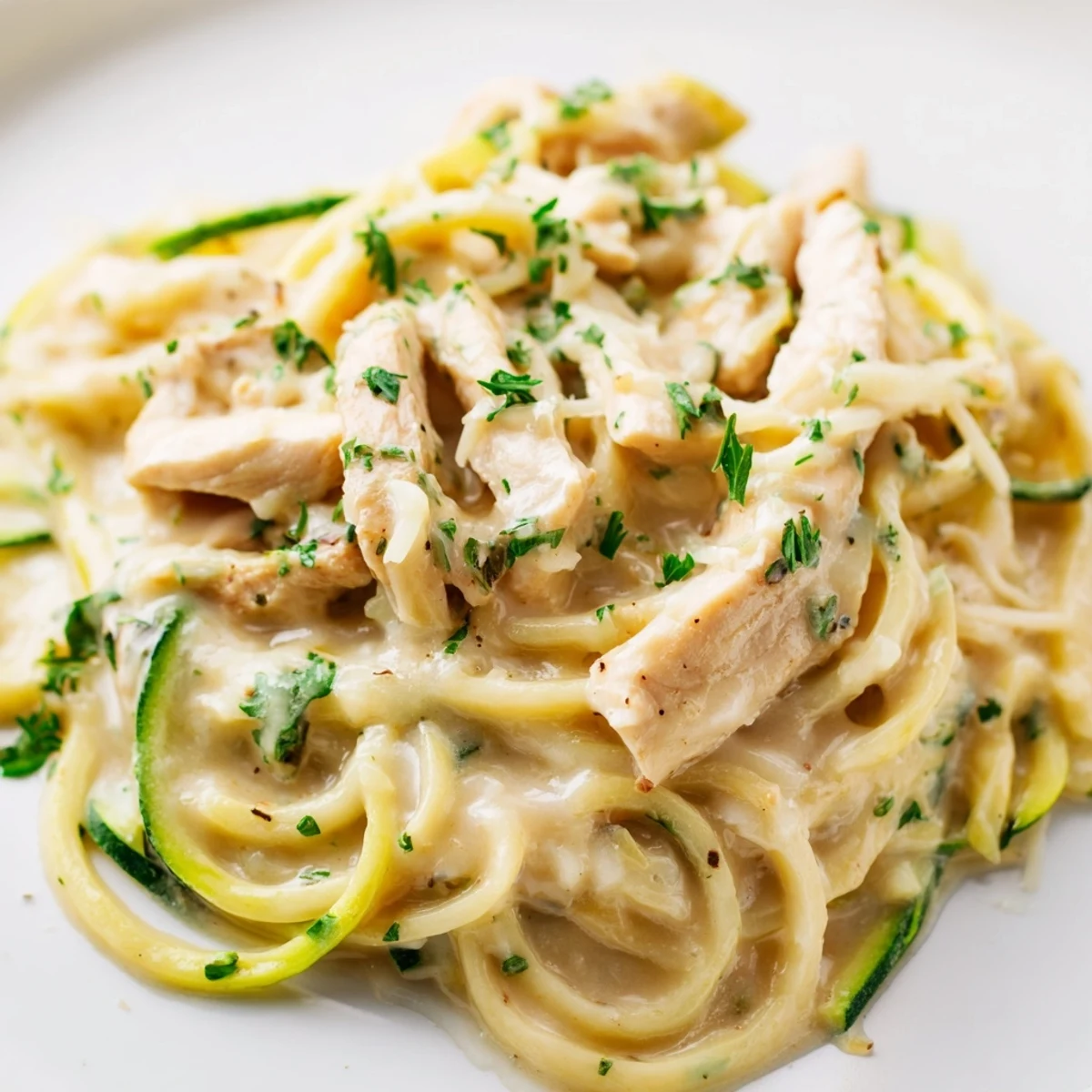 A close-up plate of Chicken Alfredo with Zucchini Noodles and Garlic, garnished with parsley.